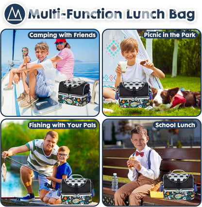 Kids Double Decker Cooler Insulated Lunch Bag, Back to School Large Meal Tote for Boys, Girls, Men, Women, with Adjustable Strap, Soccer