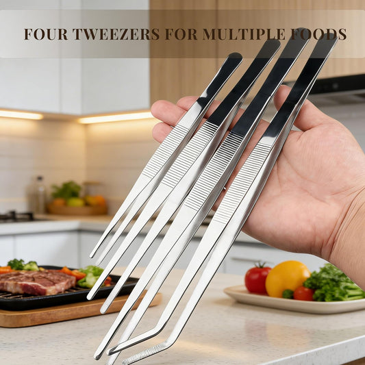 Stainless Steel Tweezers Tongs Set of 2, Kitchen Cooking Utensils, Straight and Bent Tip 11.8″ for Serving, Chef Tools