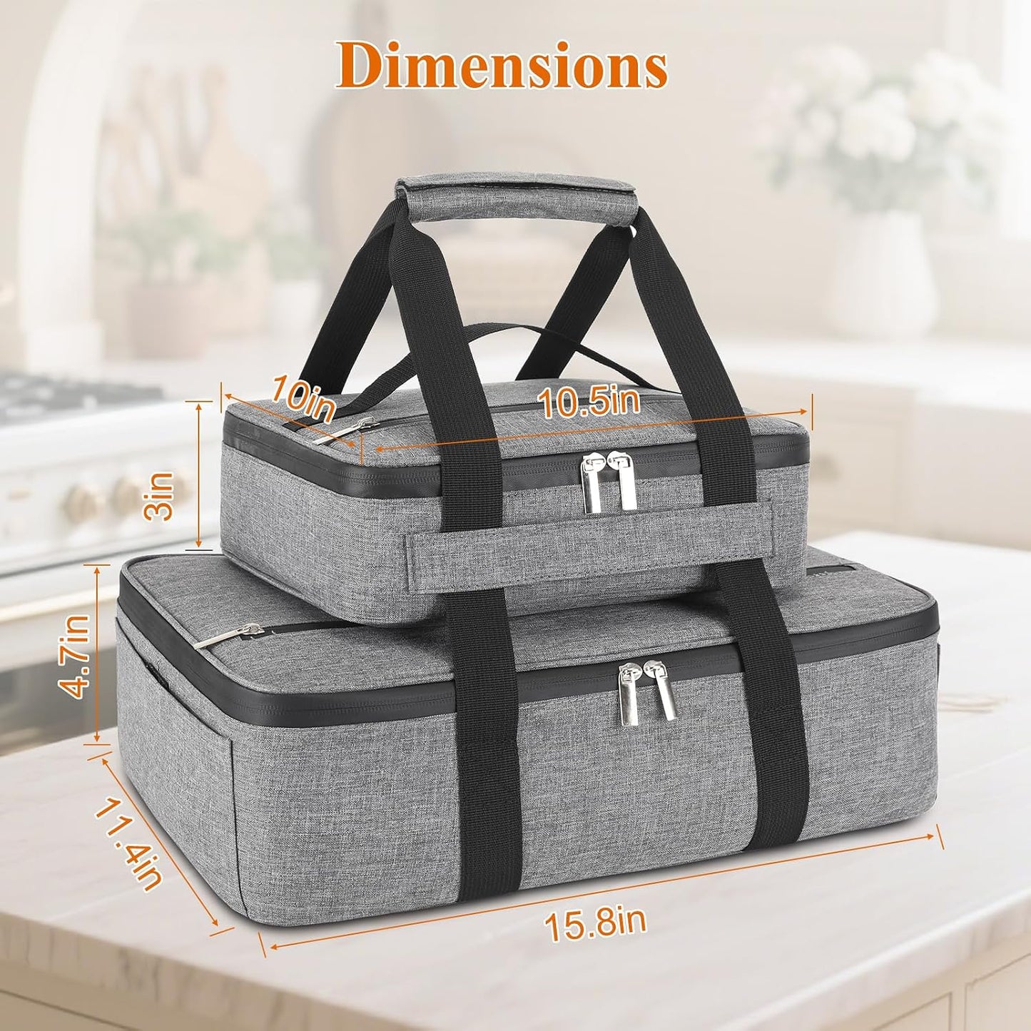Insulated Casserole Carrier for Hot or Cold Food, Fits 8"-15" Baking Dish，Thermal Food Carrier Bag, Lasagna Lugger Tote for Potluck Parties/Picnic/Cookouts/Lunch, Grey，2 Pack