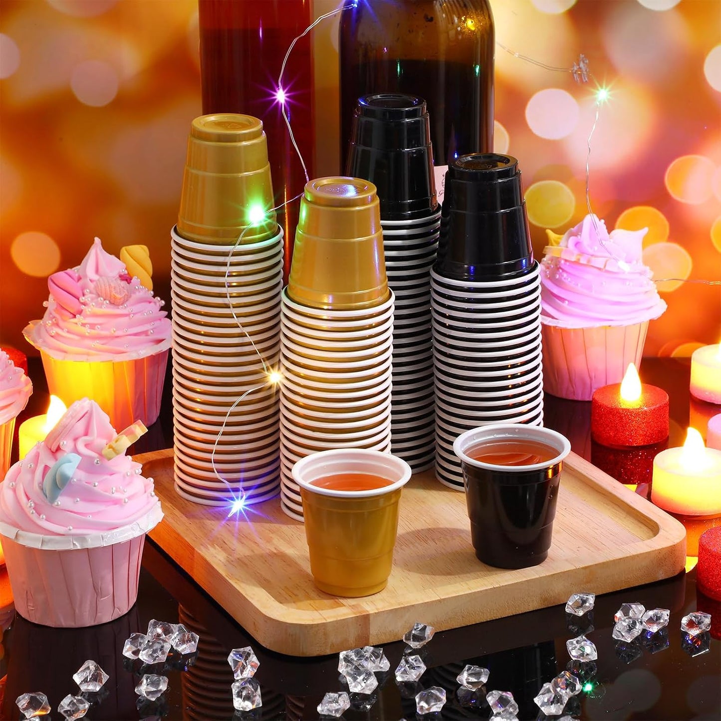 Roshtia 100 Pack 2 oz Plastic Shot Cups, Mini Disposable Shot Glasses 2 oz Wedding Party Cups for Bridal Shower Wedding Party, Beer Taste Serving, Snacks(Black, Gold)