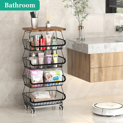 CHLORYARD Fruit Basket with Wooden Lid for Kitchen, 4-Tier Stackable Wire Fruit Vegetable Storage Basket Organizer Stand on Wheel, Produce Basket Potato Onion Storage Bins Rack Cart for Pantry