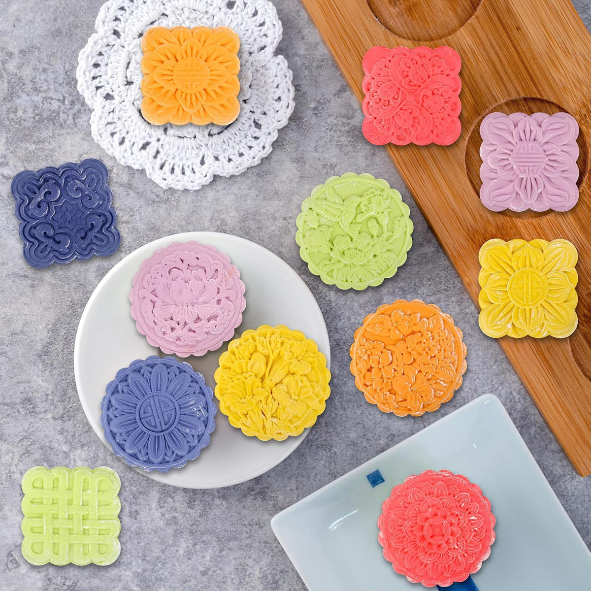 Luxiv 50g Mooncake Mold Set, 12 Patterns Round And Square Hand Press Molds