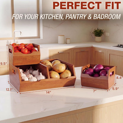 HOMESTEAD Stackable Solid Wood Storage Bins for Kitchen Pantry & Countertop, Ventilated Potato and Onion Basket Organizer with Handles, Wooden Produce Storage Containers, 3-Pack, Chestnut Finish