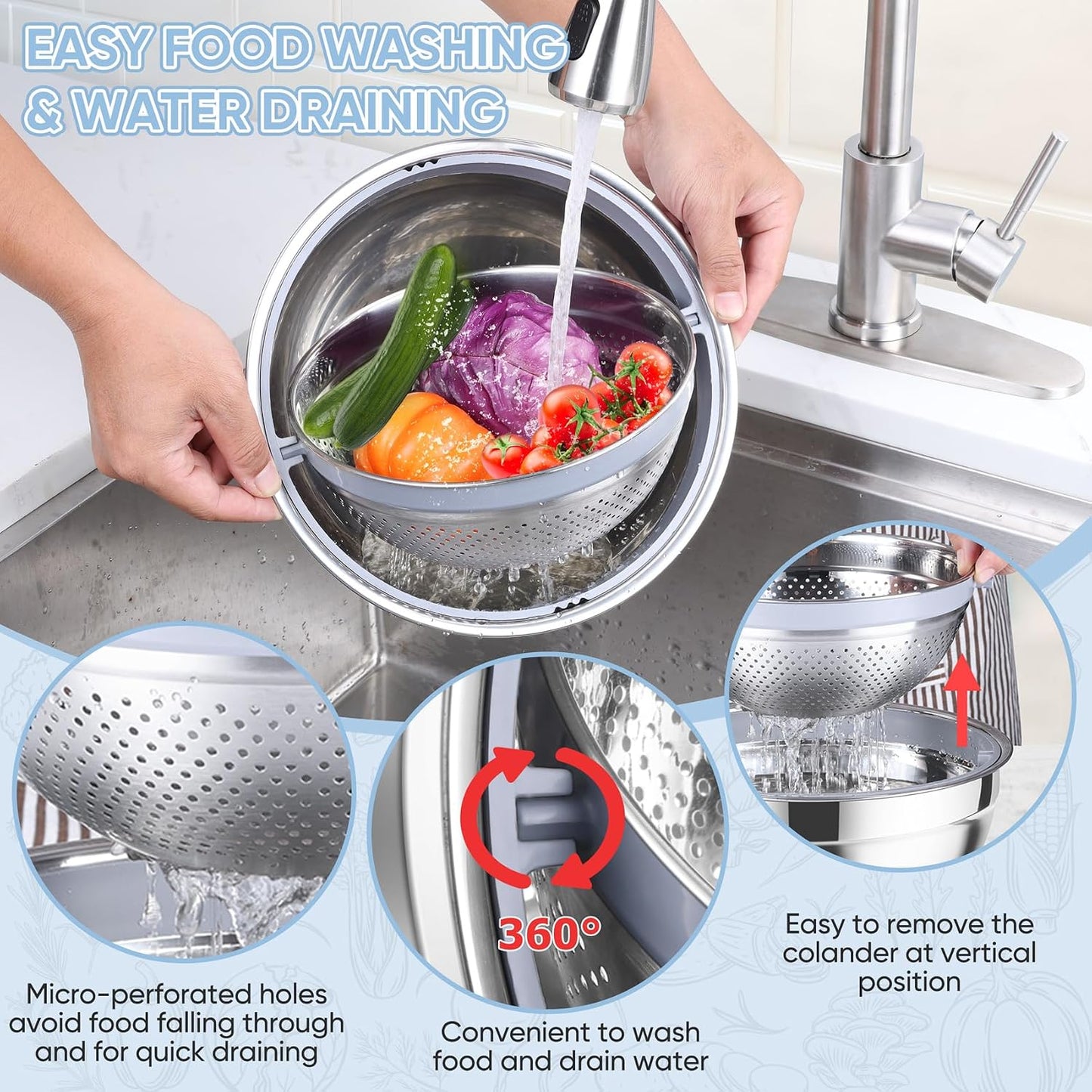 TeamFar 4-1 Colander with Bowl Set, Rotatable Colander for Kitchen, Stainless Steel Food Strainers and Colanders Mixing Bowl with Graters, for Veggies Fruits Washing, Pasta Straining - Khaki