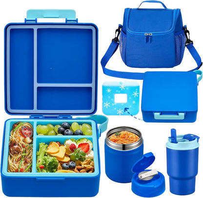 Bento Lunch Box for Kids with 17oz Soup Thermo,Insulated Tumbler Water Bottle and Insulated Lunch Bag,Leak-Proof 3 Compartment Lunch Food Container with Ice Pack for Kids to School-Horse