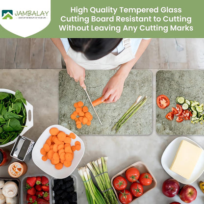 JAMBALAY Tempered Glass Cutting Boards for Kitchen, Gold 12"x8" & 16"x12" Glass Cutting Board Set with Marble Design, With Non Slip Foot, Shatter and Heat Resistant, Dishwasher Safe