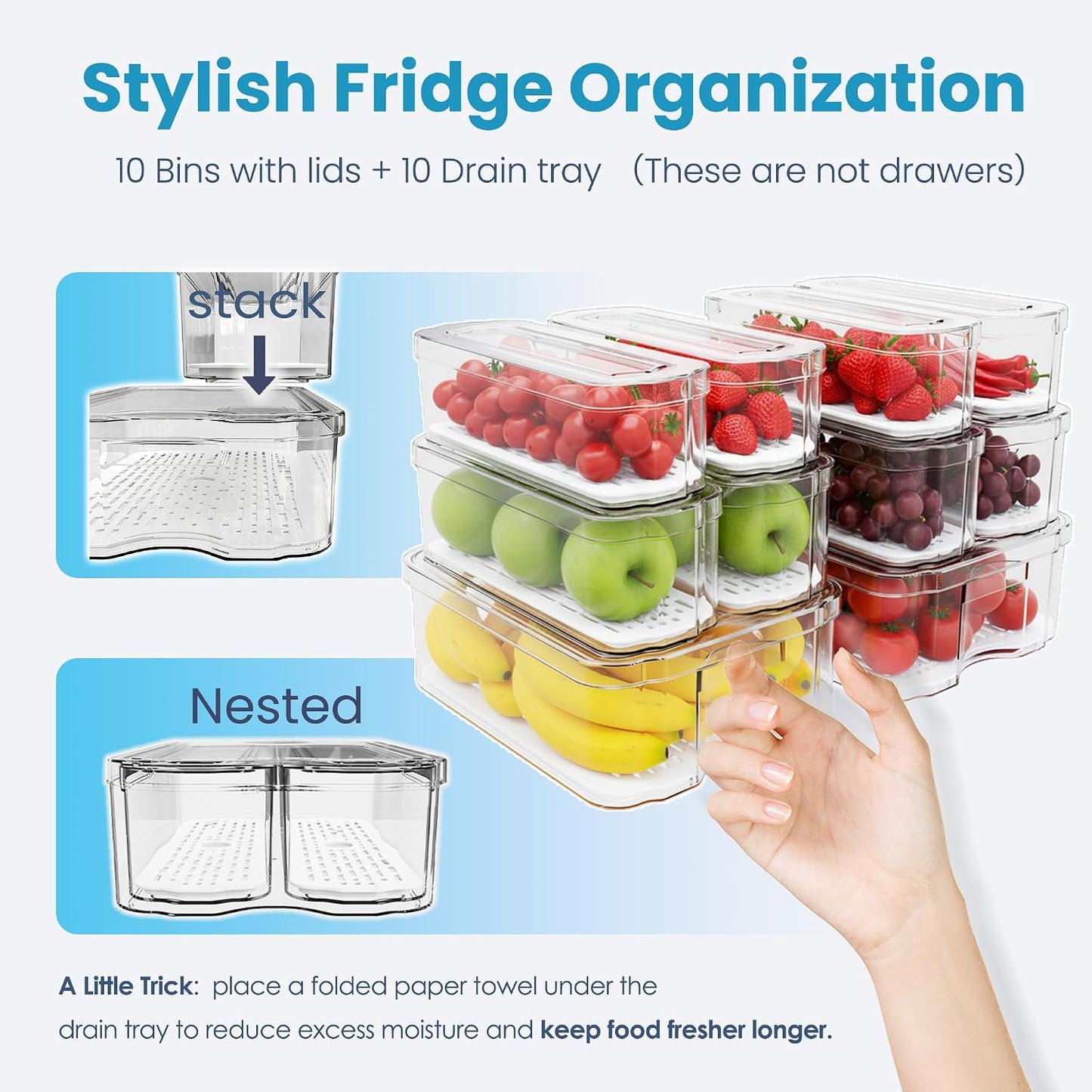 SMRCAD 8 Pack Refrigerator Organizers, Clear Pull-out Drawer Container and Organizer Bins with Lids, Stackable Storage Containers for Fruits, Vegetable (Set of 8 (Include Pull Out Drawer))