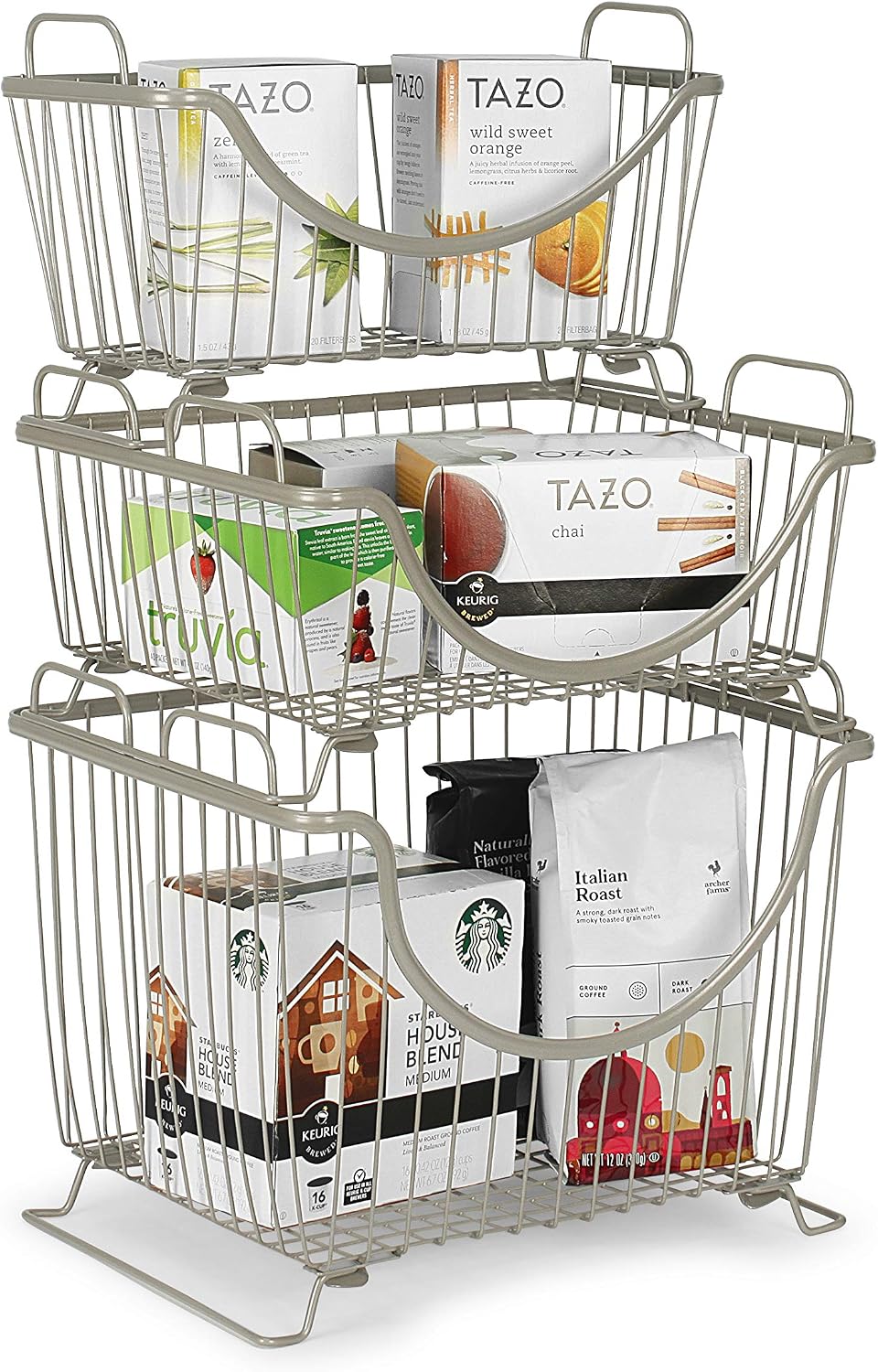 Spectrum Ashley Large Stackable Wire Baskets for Pantry & Kitchen Counter Organizer, Stacking Fruit Basket Wire Bin with Raised Feet & Handles for Vegetable Fruit Potato Onion Storage, Satin Nickel