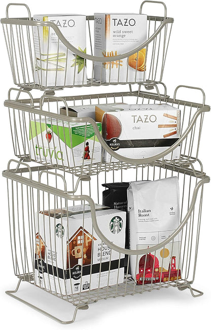 Spectrum Ashley Large Stackable Wire Baskets for Pantry & Kitchen Counter Organizer, Stacking Fruit Basket Wire Bin with Raised Feet & Handles for Vegetable Fruit Potato Onion Storage, Satin Nickel