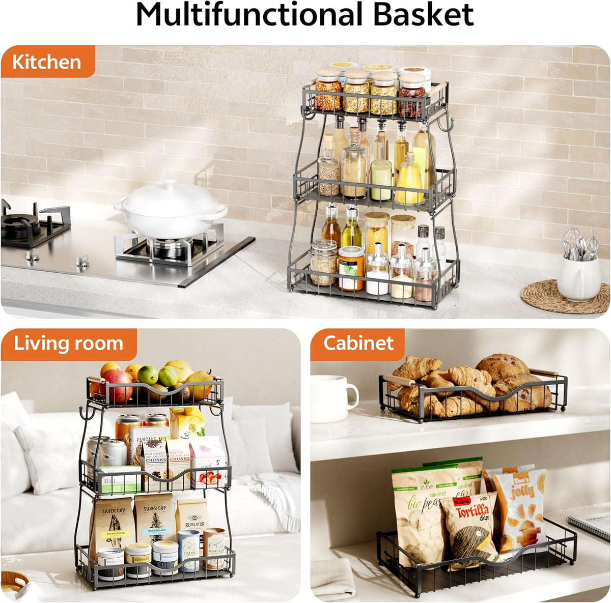 3 Tier Fruit Basket for Kitchen Countertop with 2 Banana Hangers,Detachable Metal Fruit Bowl with Wooden Handles and Protective Pads,Large Capacity Fruit and Vegetable Basket Organizer,Black