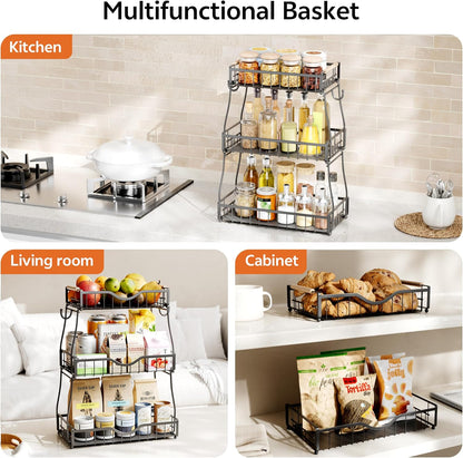 3 Tier Fruit Basket for Kitchen Countertop with 2 Banana Hangers,Detachable Metal Fruit Bowl with Wooden Handles and Protective Pads,Large Capacity Fruit and Vegetable Basket Organizer,Black
