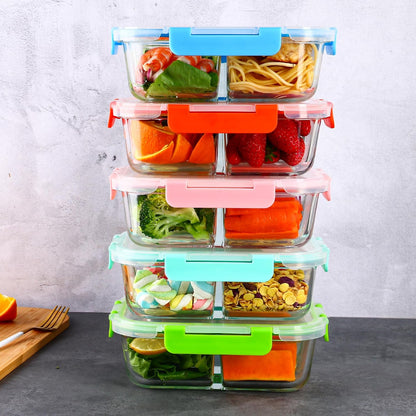 5 Pack 30oz Glass Meal Prep Containers - 2 Compartment Glass Food Storage Containers with Lids, Airtight Bento Boxes, Oven, Freezer & Dishwasher Safe