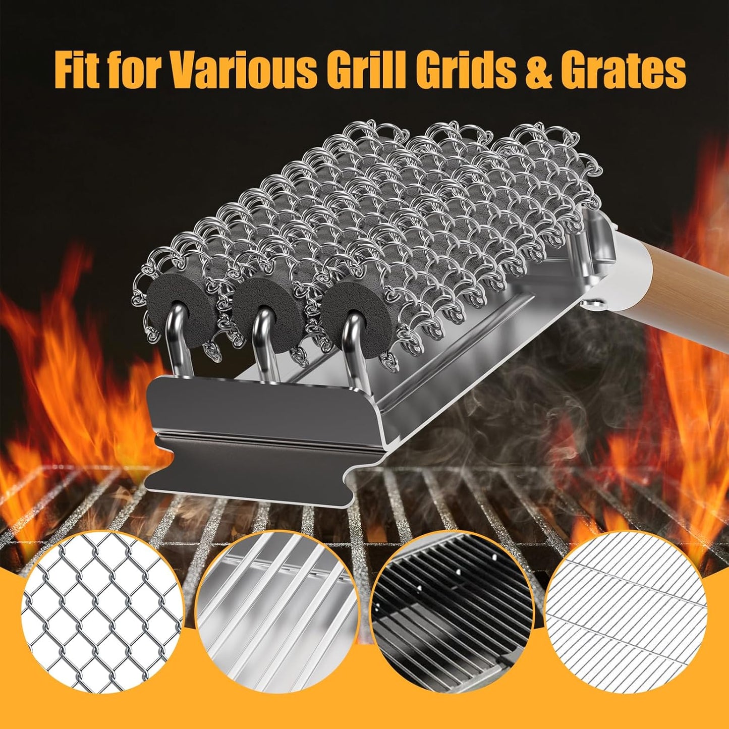 HOUSE AGAIN Grill Brush Bristle Free, 304 Stainless Steel Food-Grade Brush Head with Scraper, Safe BBQ Outdoor Grill Cleaning Brush Strong Barbecue Brush Cleaner Non Wire for Grill Grate/Wooden Handle