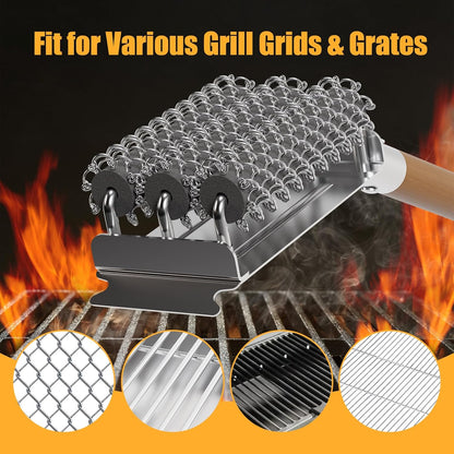 HOUSE AGAIN Grill Brush Bristle Free, 304 Stainless Steel Food-Grade Brush Head with Scraper, Safe BBQ Outdoor Grill Cleaning Brush Strong Barbecue Brush Cleaner Non Wire for Grill Grate/Wooden Handle