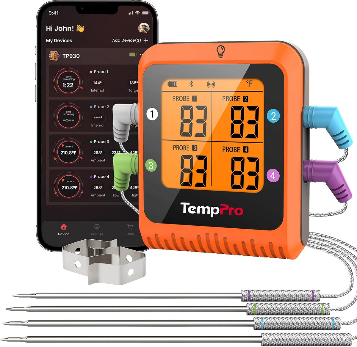 TempPro TempSync 650 ft Bluetooth Meat Thermometer with 2 Probes for Grill