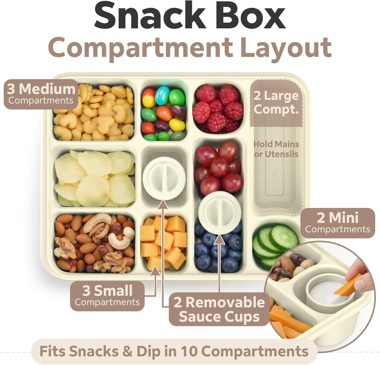 Snackle Box Container for Adults with 10 Compartment, Divided Serving Tray with Lid and Handle and 2 Sauce Containers, Portable Snack Box Container for Charcuterie Party Travel, Purple