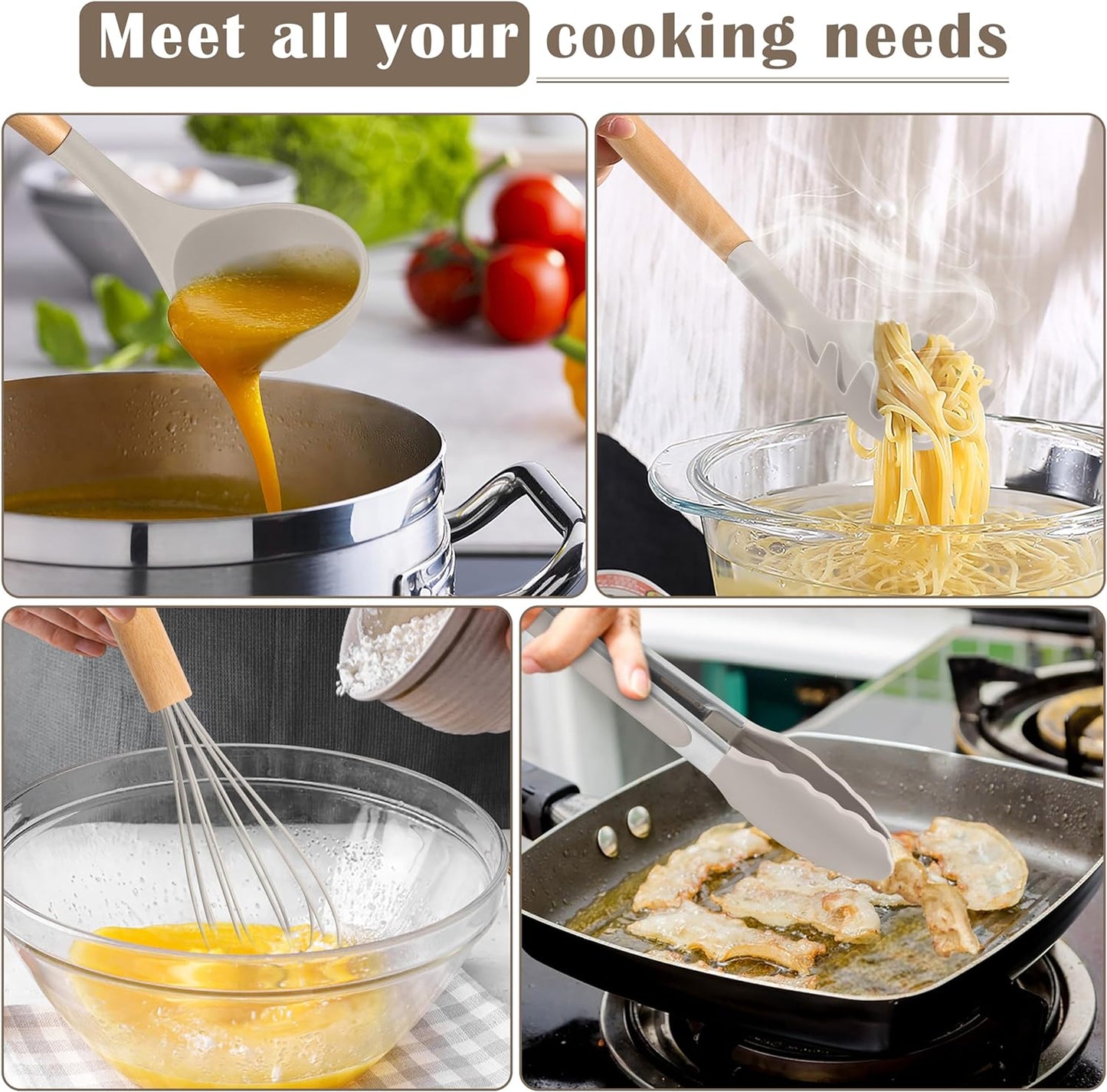 E-far Silicone Cooking Utensils Set, 5-Piece Kitchen Utensils Set with Wooden Handle for Cooking, Silicone Kitchen Nonstick Tools Spatula Turner Slotted Spoons, Nontoxic & Heat Resistant-Khaki