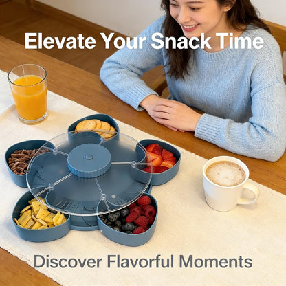 Divided Spin & Snack Serving Tray, Portable Travel Rotating Multi-Compartment Food Organizer with Lid, Party Platter for Chips, Veggies, Fruits, Dips, Nuts (Blue)