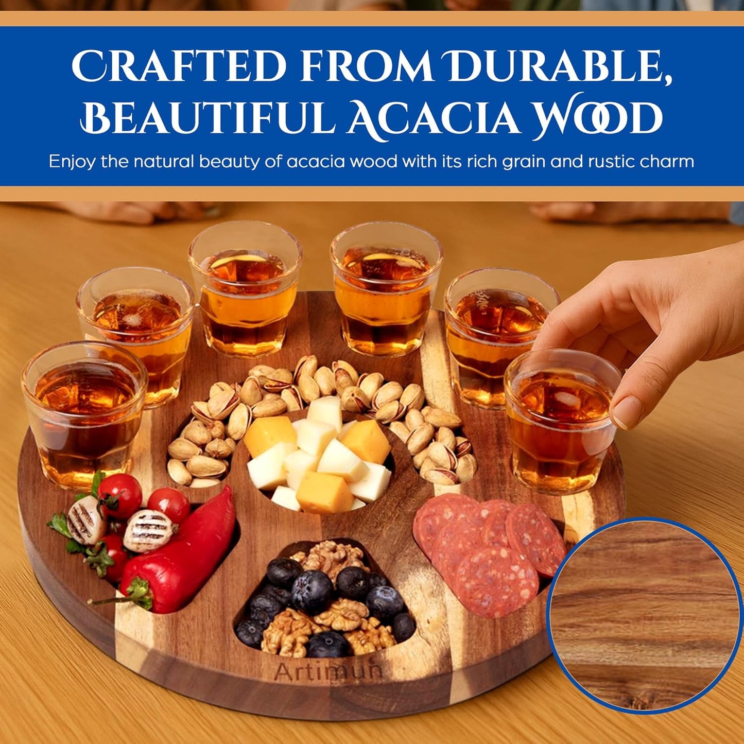 Tequila Shot Glasses Wooden Tray for Gift and Decorations, Elegant Serving Tray for Parties and Celebrations, Shot Glasses Set, Charcuterie Boards, with Six Drinking Glasses, Bar Accessories