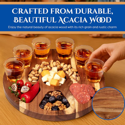 Tequila Shot Glasses Wooden Tray for Gift and Decorations, Elegant Serving Tray for Parties and Celebrations, Shot Glasses Set, Charcuterie Boards, with Six Drinking Glasses, Bar Accessories