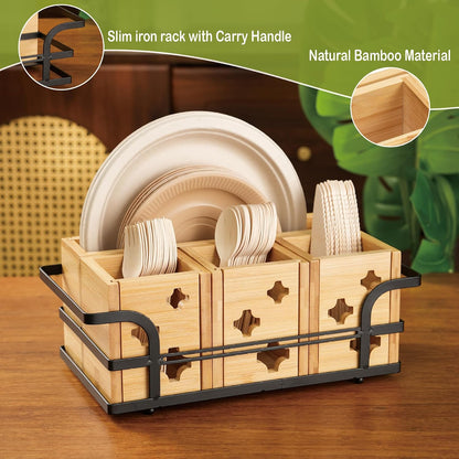Silverware Caddy Wood Utensil Holder Cutlery Flatware Paper Plate Dispenser Organizer for Spoons Forks Plates Napkins (Acrylic)
