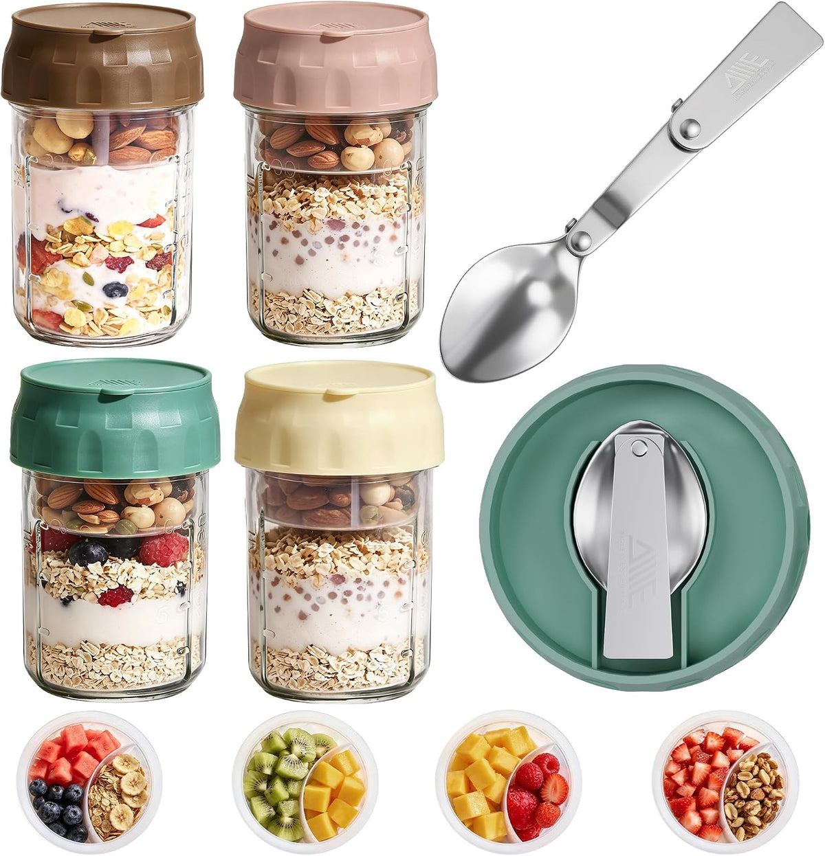 Overnight Oats Containers with Lids, 4 Pack 16 Oz Glass Mason Jars - Leakproof Meal Prep Jars, Separate Compartment, Folding Spoon, Yogurt Parfait Cups, Stackable, BPA Free