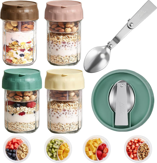 Overnight Oats Containers with Lids, 4 Pack 16 Oz Glass Mason Jars - Leakproof Meal Prep Jars, Separate Compartment, Folding Spoon, Yogurt Parfait Cups, Stackable, BPA Free