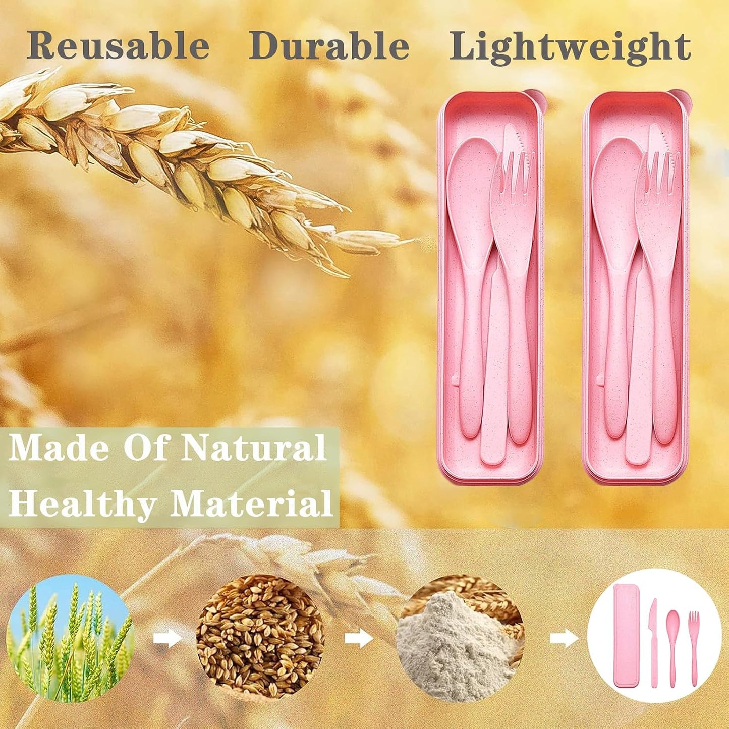 Reusable Travel Utensils Set with Case, 2 Sets Wheat Straw Portable Plastic Fork Spoons Knife Cutlery, Camping Eco-Friendly BPA Free Tableware for Kids Adults Work Picnic or Daily Use (Pink)