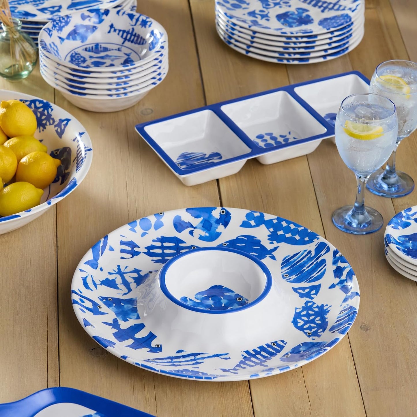 Fish Tale 3pc MELAMINE HOSTESS SET – 14.5" Chip Dip, Relish Tray, 19x8" Platter, Cobalt Fish School Art, Shatterproof Outdoor Entertaining, Poolside Party Serving, Mediterranean Coastal Hospitality