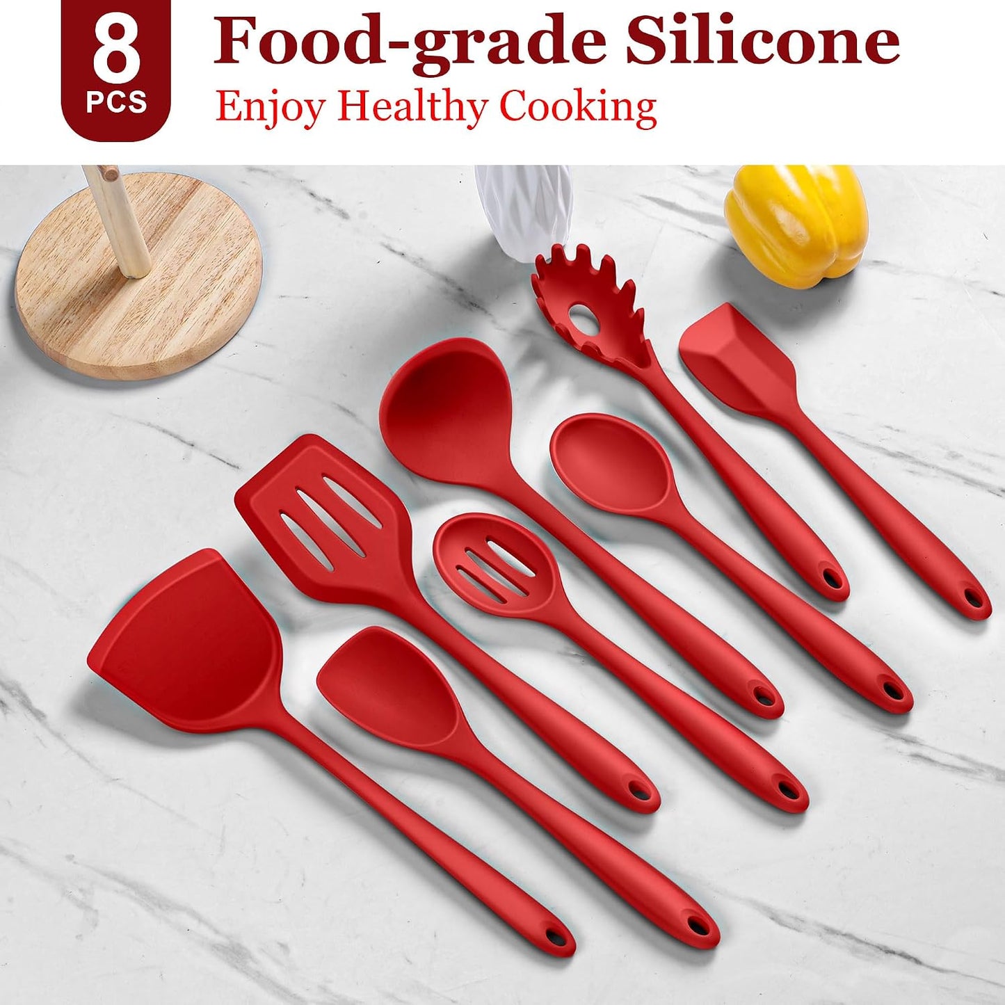 LIANYU Non-Toxic Silicone Kitchen Utensils Set, 8 Piece Non-Scratch Cooking Spoons & Spatulas, Stainless Steel Core, Heat Resistant & Dishwasher Safe, Khaki