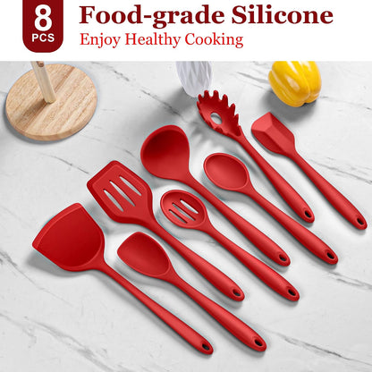 LIANYU Non-Toxic Silicone Kitchen Utensils Set, 8 Piece Non-Scratch Cooking Spoons & Spatulas, Stainless Steel Core, Heat Resistant & Dishwasher Safe, Khaki