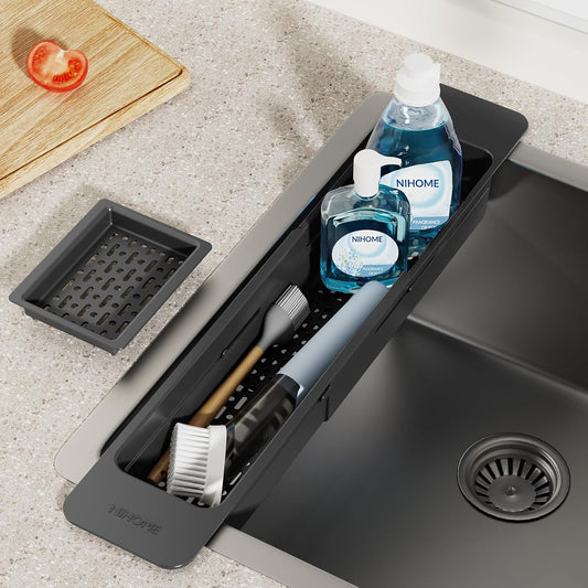 NiHome Extendable Over Sink Kitchen Organizer, Small Telescopic Brush Storage Rack for Sponge, Non-Slip Pads Expandable Sink Caddy, Adjustable Sponge/Brush Rack with Drainage Durable ABS (Dark Gray)