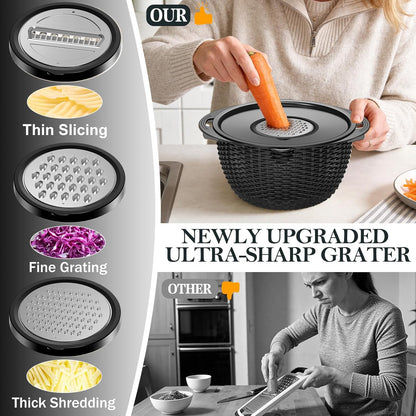 4-in-1 Colander with Bowl Set — Patented 360° Rotatable Strainer Bowl with 3 Graters, Snap-On Lid & Non-Slip Base, Funny Kitchen Present for Women, Aesthetic Pasta Fruit Vegetable Strainer (Beige)