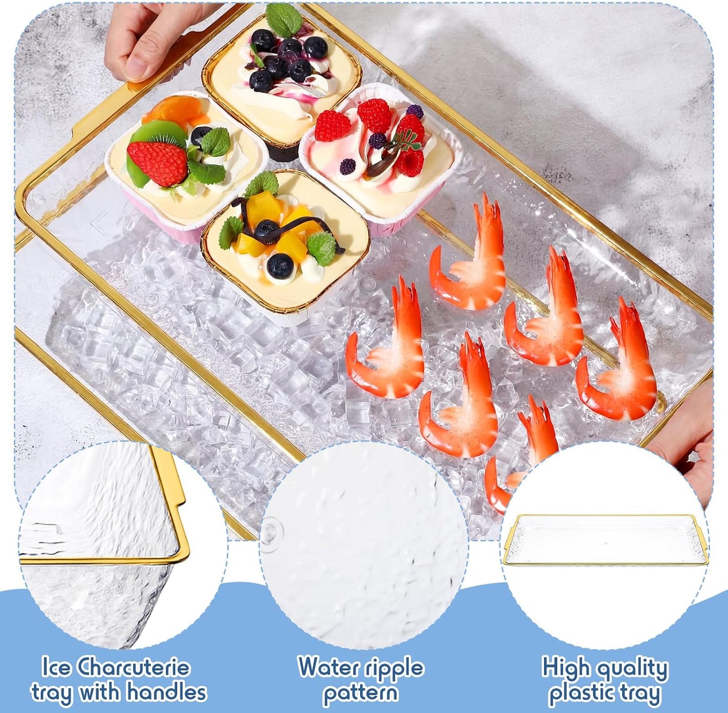 Baderke 4 Set 16" x 9" Plastic Chilled Serving Tray for Parties with Compartments Ice Chilled Party Platter Charcuterie Serving Board Cold Dish Dip for Fruit Seafood Vegetable Appetizer (Clear)