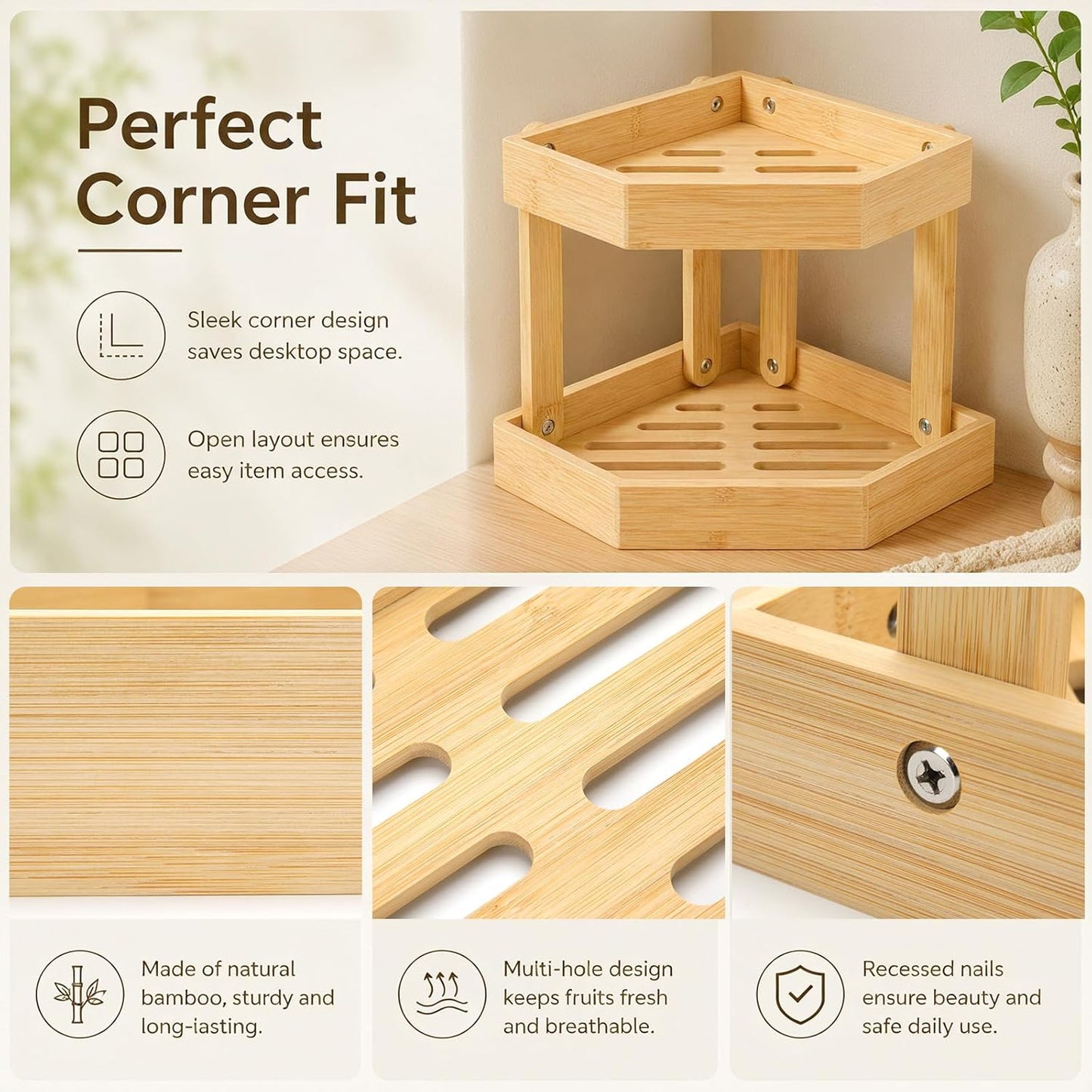 Bamboo 2 Tier Fruit Basket for Kitchen Counter, Corner Fruit Stand Holder, Detachable Countertop Organizer Large Capacity for Vegetables, Bread, Snack, Spice Jars Storage(Bamboo,2 Tire)