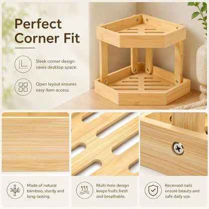 Bamboo 2 Tier Fruit Basket for Kitchen Counter, Corner Fruit Stand Holder, Detachable Countertop Organizer Large Capacity for Vegetables, Bread, Snack, Spice Jars Storage(Bamboo,2 Tire)