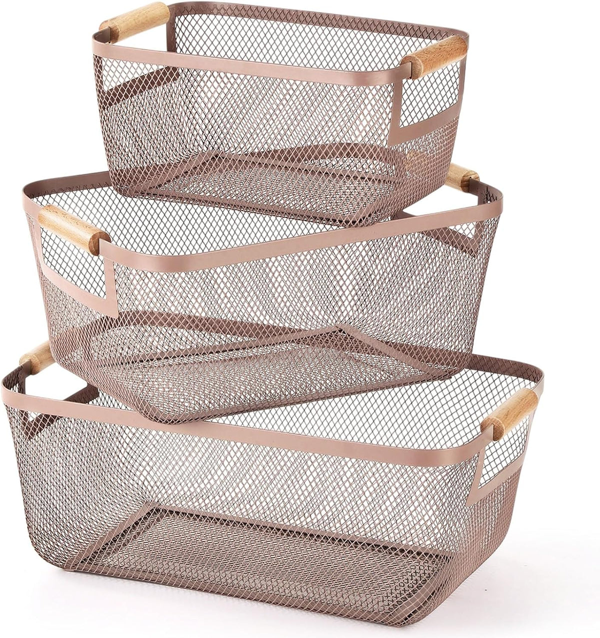 Mumufy 3 Pcs Metal Mesh Basket with Wooden Handles Wire Steel Organizer Bins Pantry Organizers Kitchen Baskets for Closet Cabinet Bathroom Fridge Food Snacks Organization (Warm Tapue,3 Sizes)