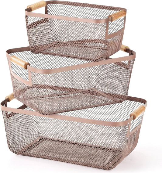 Mumufy 3 Pcs Metal Mesh Basket with Wooden Handles Wire Steel Organizer Bins Pantry Organizers Kitchen Baskets for Closet Cabinet Bathroom Fridge Food Snacks Organization (Warm Tapue,3 Sizes)