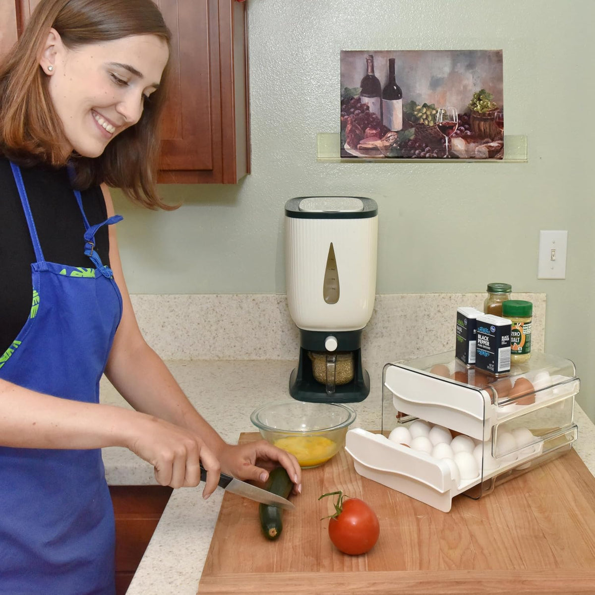 Rice Dispenser for Countertops – Seal 20 Lbs. of Food in Your Small, Strong, Light Rice & Cereal Dispenser – Brush & Measuring Cup Included – White-Green – Home & Kitchen Goods