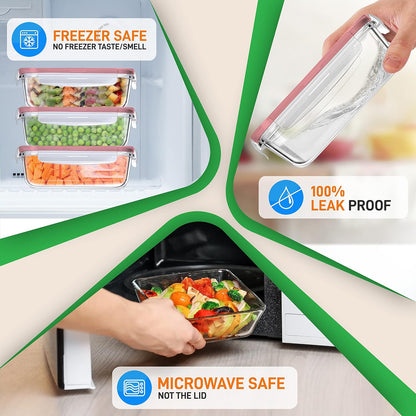 NutriChef 10-Piece Glass Food Containers - Stackable Superior Glass Meal-prep Storage Containers, Newly Innovated Leakproof Locking Lids w/Air Hole, Freezer-to-Oven-Safe (Red)