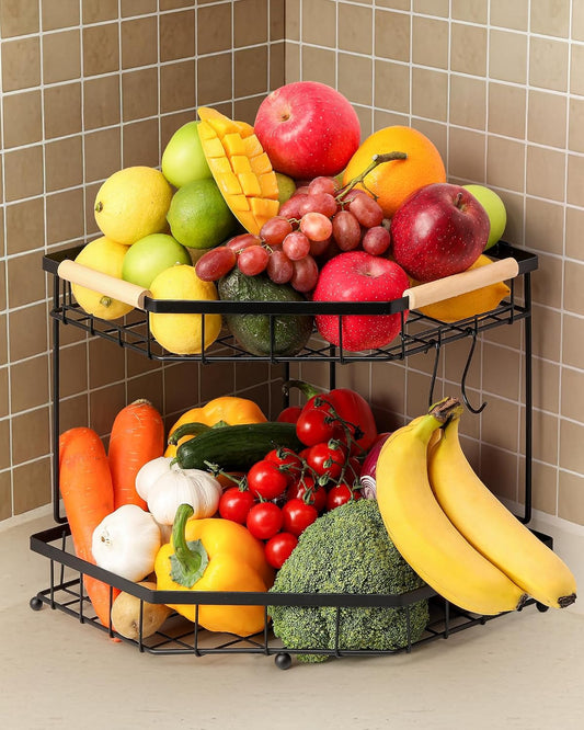 2 Tier Corner Fruit Basket for Kitchen Counter with Banana Hangers, Detachable Fruit Bowl with Wooden Handle, Metal Corner Rack for Fruit and Vegetable Storage, Kitchen Countertop Organizer