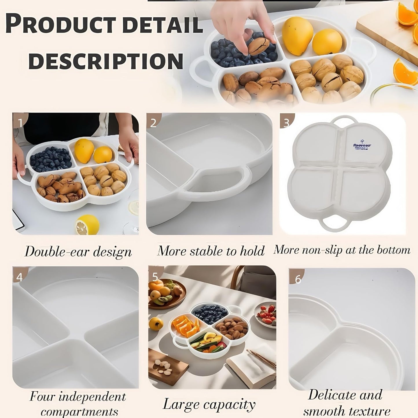Divided Serving Platter,Ceramic Chip & Dip Serving Dish,12" Decorative Sectional Dish,4-Compartment Appetizer Fruit Dish for Party,Perfect for Chips and Dip, Veggies, Candy and Snacks, White