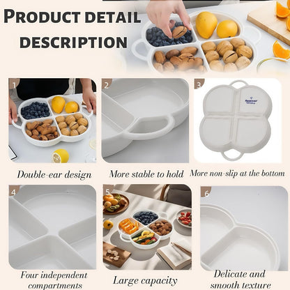 Divided Serving Platter,Ceramic Chip & Dip Serving Dish,12" Decorative Sectional Dish,4-Compartment Appetizer Fruit Dish for Party,Perfect for Chips and Dip, Veggies, Candy and Snacks, White