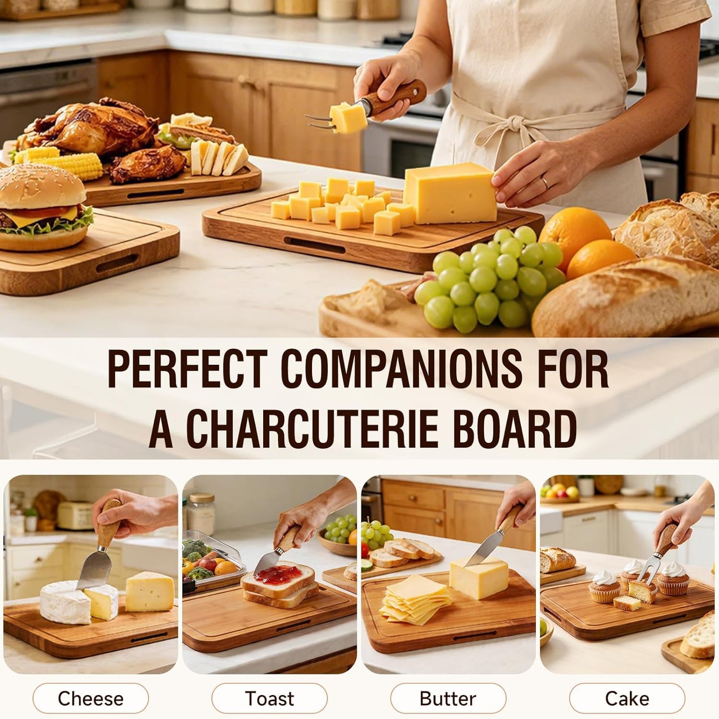 Renmxj Charcuterie Boards with Lid Gift Set, 2 in 1 Travel Portable Cheese Board with Knives Set, Carbonized Bamboo Charcuterie Tray, Housewarming Gifts New Home, Picnic, Wedding Gifts, Black Handle