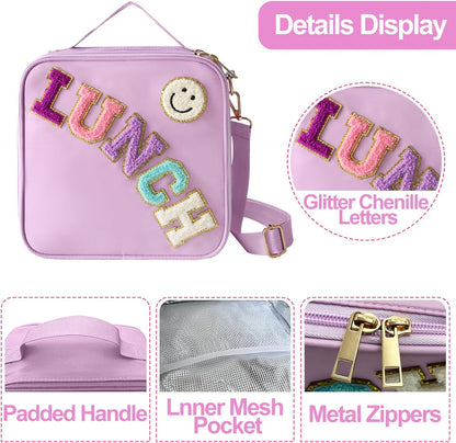 Insulated Lunch Bag With Adjustable Shoulder Strap, Nylon Preppy Lunch Box Large Insulated Lunch Bag Reusable Lunch Tote Bag with Smiley Preppy LunchBag for Girls School Travel Picnic (Green)