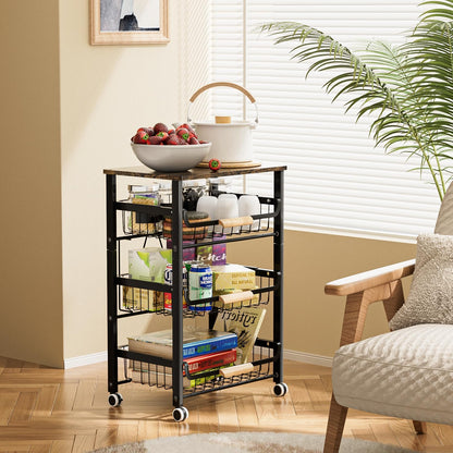 JAQ Slide Out Fruit Vegetable Basket for Kitchen, 4-Tier Rolling Storage Cart with Wooden Handle & Top, Metal Wire Produce Rack for Pantry Organization, Onion Potato Storage Bins for Small Space,White