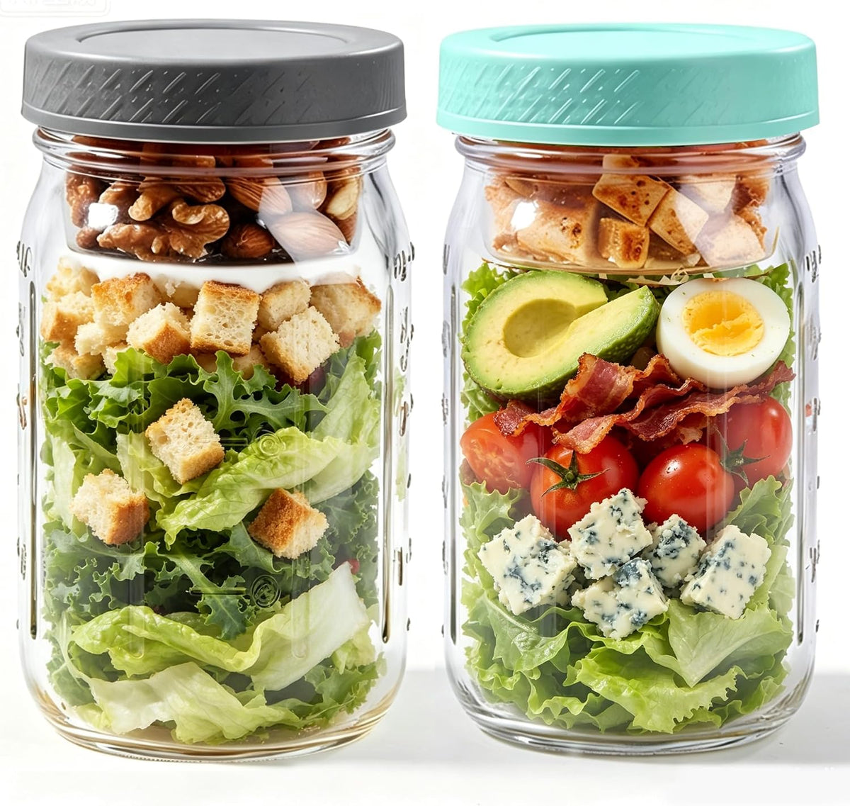 ComSaf 32oz Glass Salad Jars for Meal Prep 4-Pack, Round Mason Salad Jars with Dressing Cup & Leakproof Lid, Anti-Soggy Salad Shaker for Office & Fitness, Precision Portion Control, Wellness
