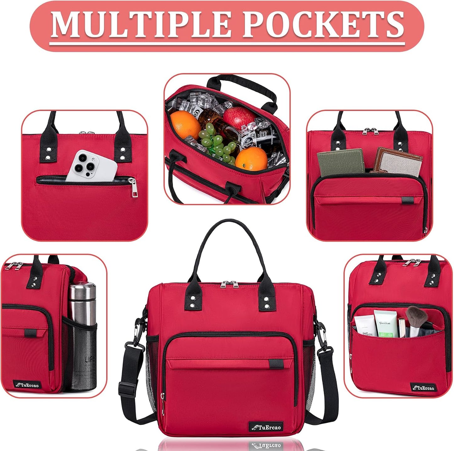 TuErCao Small Lunch Bag Lightweight Insulated Lunch Box for Women Work Portable Soft Cooler for Picnic Travel Road Trips, Loncheras para Mujer, Black