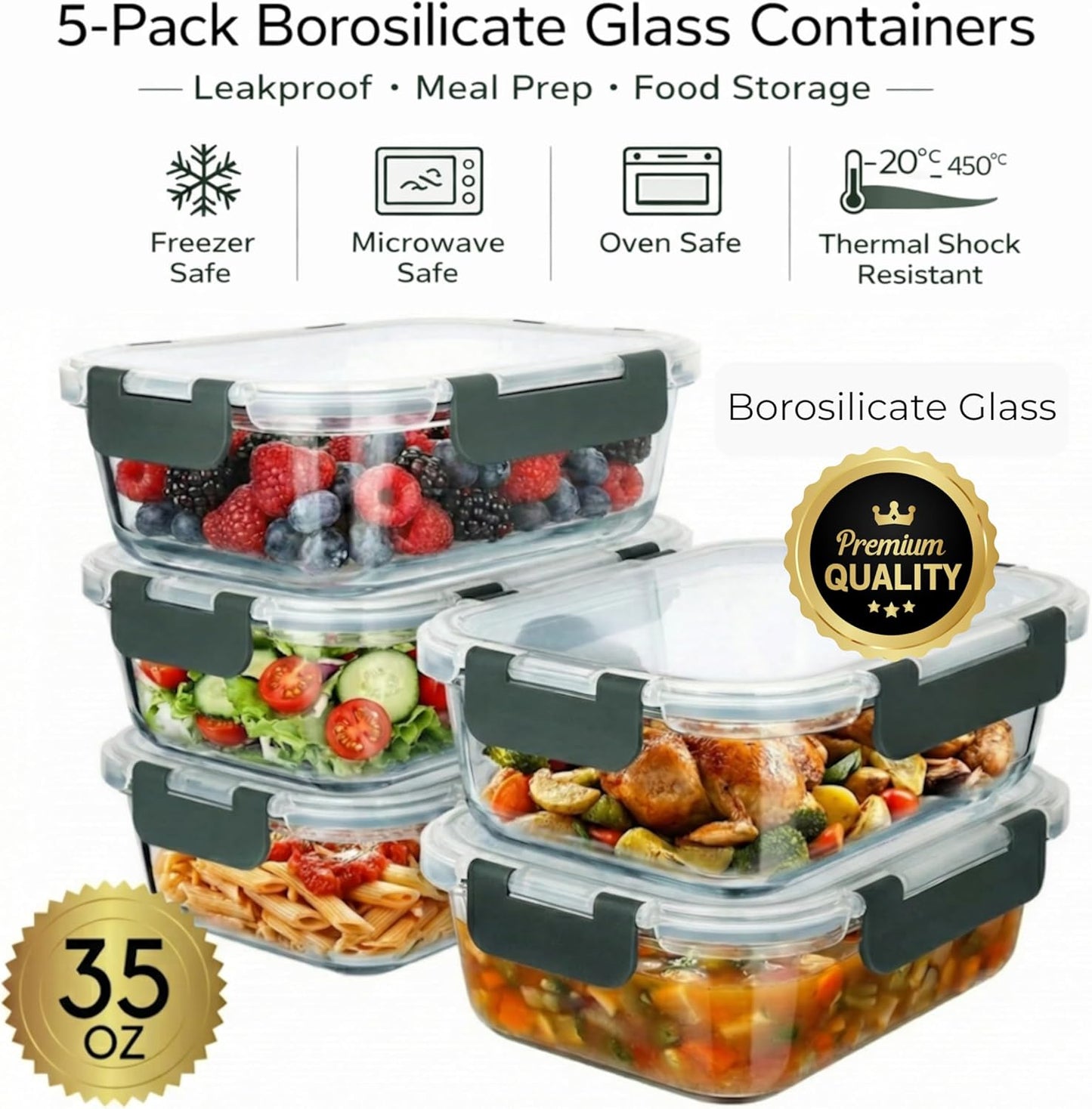 Brieftons Glass Meal Prep Containers: 5 Pack, 35 Oz with Airtight, Leakproof Snap Locking Lids, Perfect for Food Storage, Lunch & Portion Control, BPA-Free, Microwave, Oven, Freezer & Dishwasher Safe