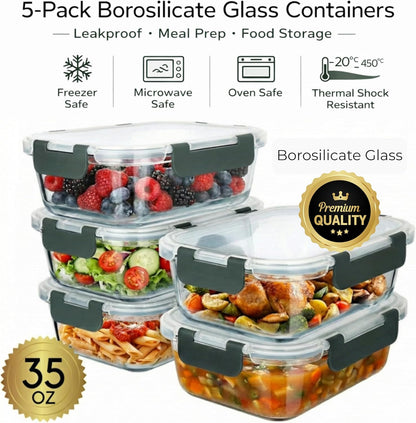 Brieftons Glass Meal Prep Containers: 5 Pack, 35 Oz with Airtight, Leakproof Snap Locking Lids, Perfect for Food Storage, Lunch & Portion Control, BPA-Free, Microwave, Oven, Freezer & Dishwasher Safe